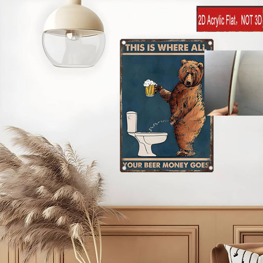 2D Flat, A 2D Flat Vintage-style Wooden Wall Hanging with the Quote "This Is Where All Your Beer Money Goes," a Horizontal Rectangular Framed Poster with Pre-drilled Holes for Home Decor. Vintage Wooden Sign Art Suitable for Holiday Use, 2D Flat