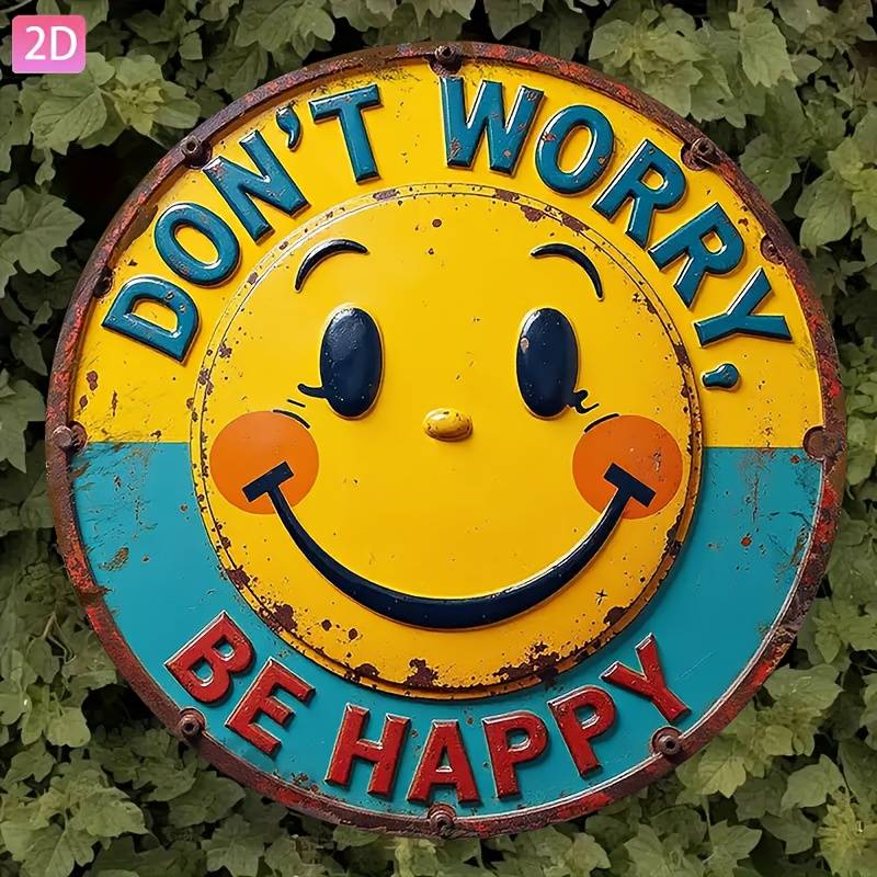 2D Flat “Don’t Worry, Be Happy!” Wooden Wall Sign with Yellow Happy Face & Blue Letters – Inspirational Indoor/Outdoor Decor for Office, Gym, School & Mental Health Spaces