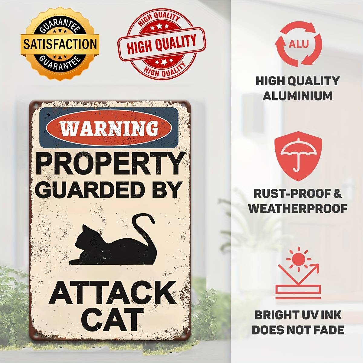 [2D Flat] Attack Cat Warning Sign Wooden Classic Garden Sign for Outdoor Wall Decoration Multi-purpose Wall-Hanging Wooden Plaque