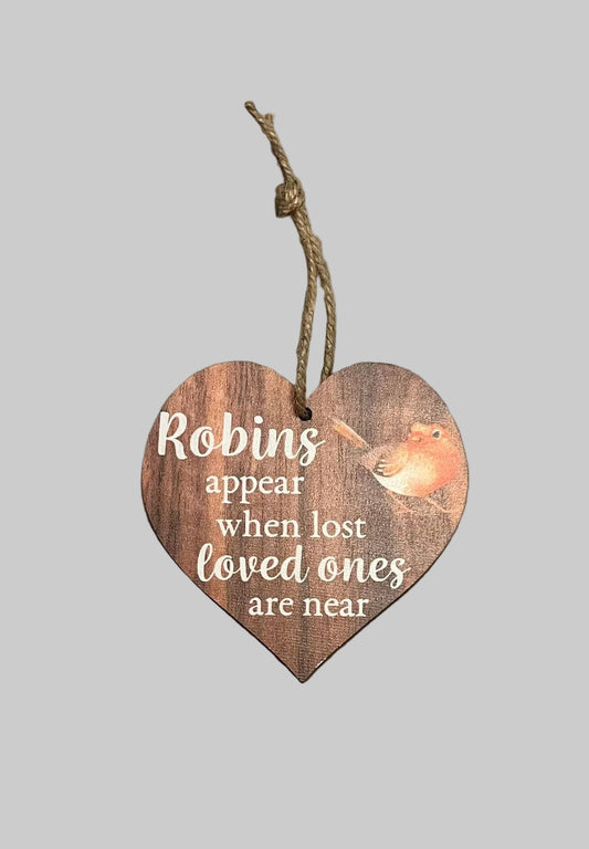 2D Flat Wooded Heart-Shaped Memorial Plaque with Rope "Robins Appear When Lost Loved Ones are Near" 10x10cm