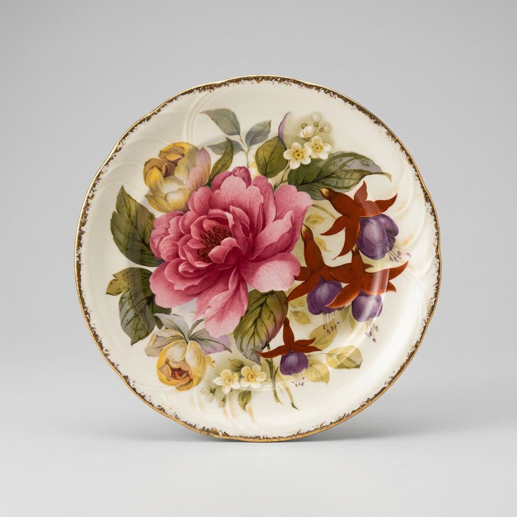 Argyle floral bone china decorative plate with pink and purple flowers