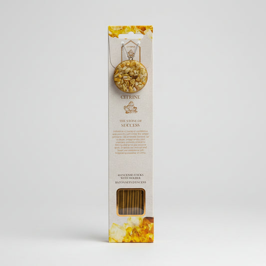 Citrine Scented Incense Sticks with Holder. Each pack contains 40 sticks.