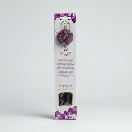 Amythyst Scented Incense Sticks with Holder. Each pack contains 40 sticks.