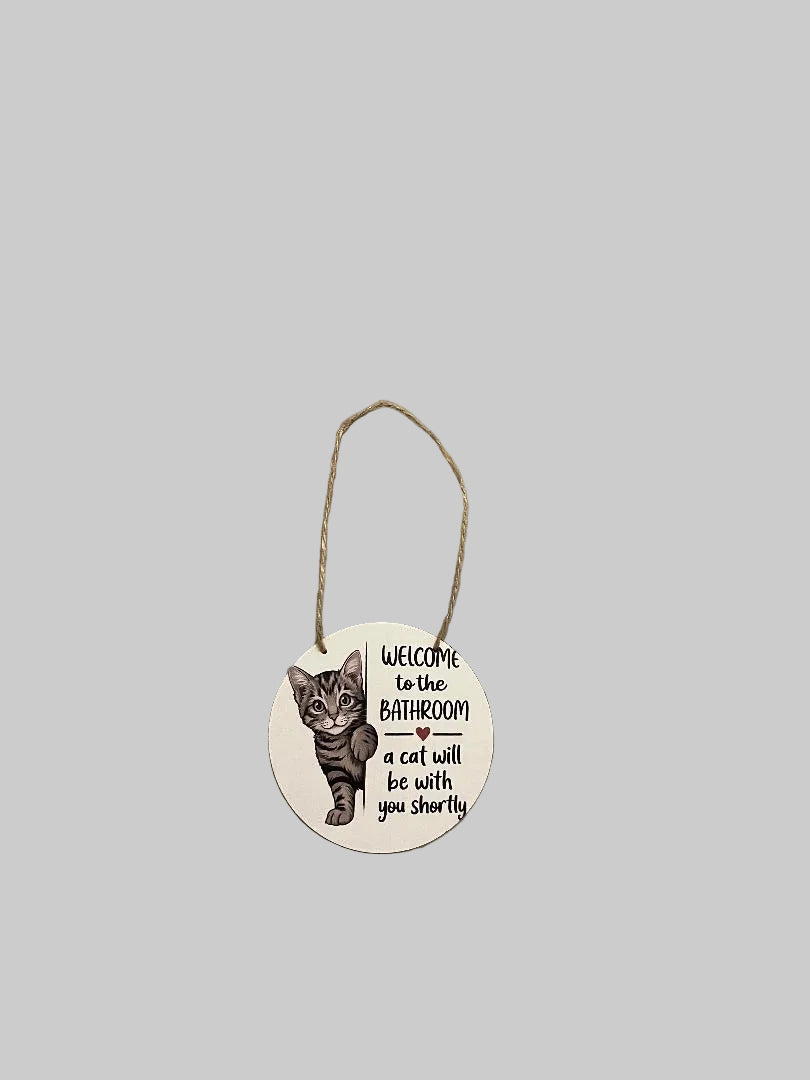 2D Flat Wooden Round Humorous Plaque with Rope "Welcome to the Bathroom" 10cm diameter